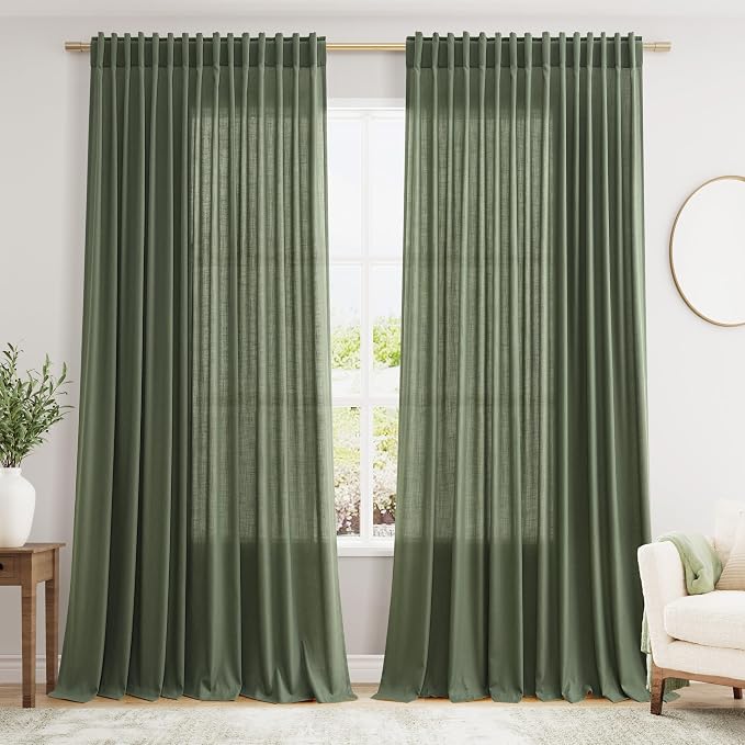 Olive Green Large Window Curtains Light Filtering Semi Sheer Privacy Linen