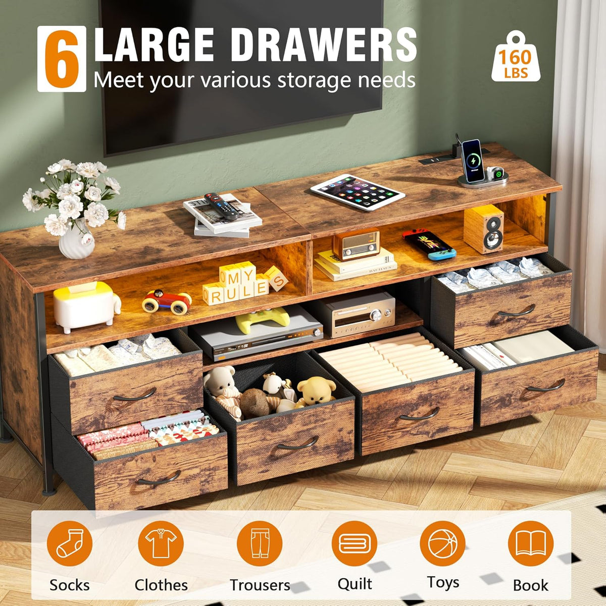 Furologee 55" LED TV Stand for Bedroom with Power Outlets, Entertainment Center with 6 Fabric Drawers for 50/55/60 inch TVs, Dresser TV Stand Long Console Media Table for Living Room, Rustic Brown