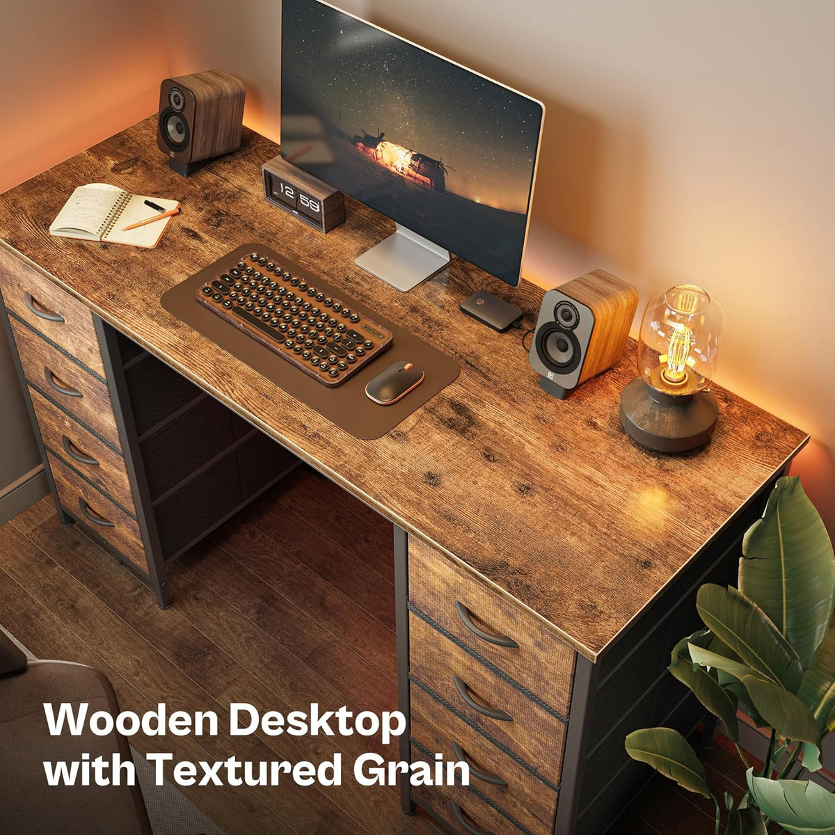 Huuger 47 Inch Computer Desk with 8 Fabric Drawers, Office Desk Work Desk for Home Office, Study, Gaming Desk with Drawers, Large Storage, Rustic Brown