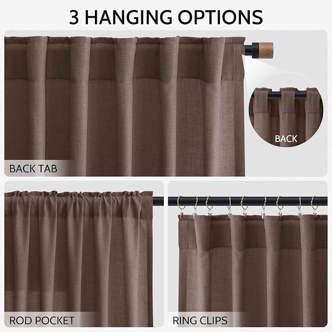 Nanspring Cappuccino Linen Blend Light Filtering Back Tab Curtains 96 Inches