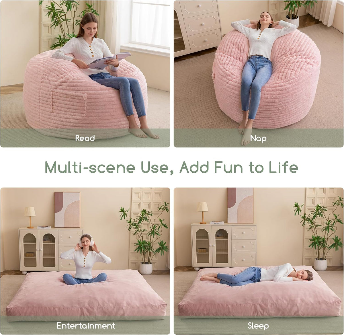 Giant Bean Bag Chair Bed for Adults, Convertible Beanbag Folds from Lazy Chair to Floor Mattress Bed with Machine Washable Cover, Large Floor Sofa Couch with High-Density Foam Filling