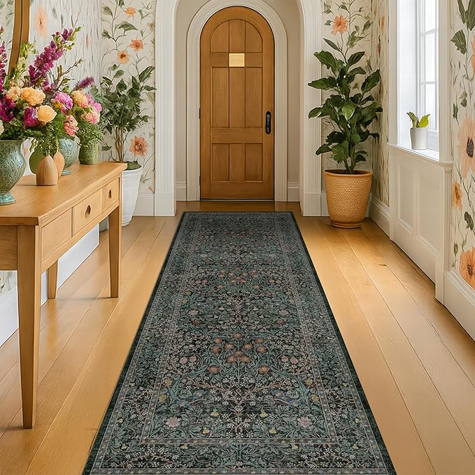 Dark Green 2 x 8 Runners for Hallways, 8ft Long Floor Runner for Kitchen