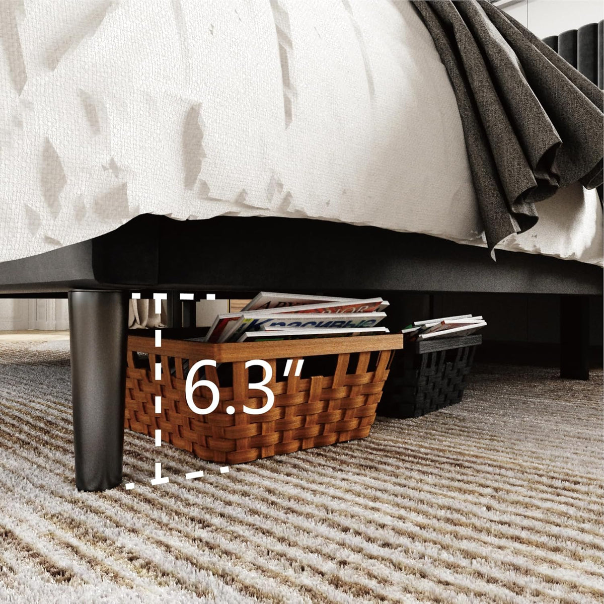 Full Size Bed Frame with Velvet Upholstered Headboard, Platform Bed with Strong Wood Slats, Mattress Foundation, Box Spring Optional, Easy Assembly, Black