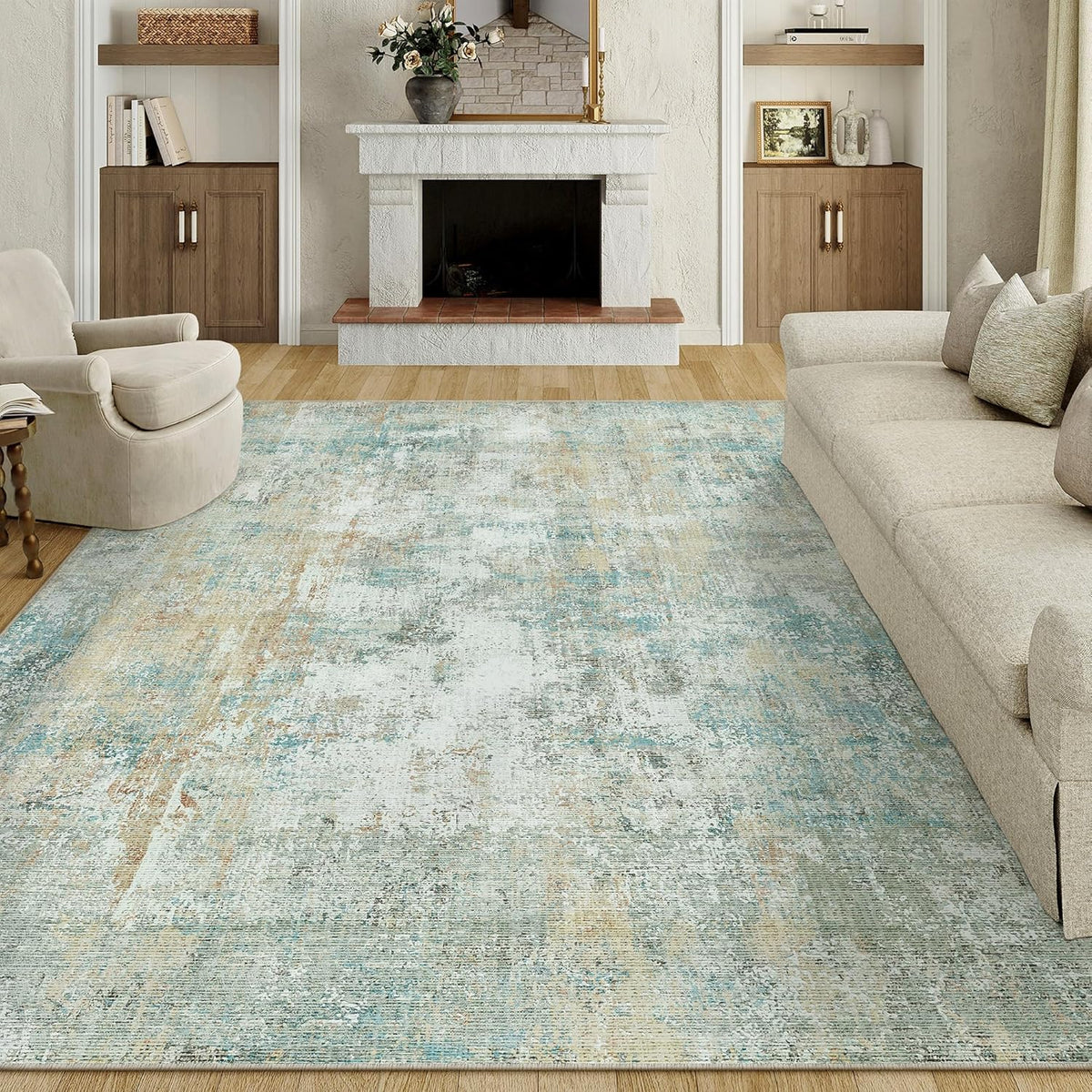 8x10 Washable Area Rug Teal Beige Modern Neutral Abstract Living Room Bedroom Indoor Floor Carpet Low Pile Soft Non-Slip Lightweight Vacuumable Large Throw Rug for Nursery Dining Room