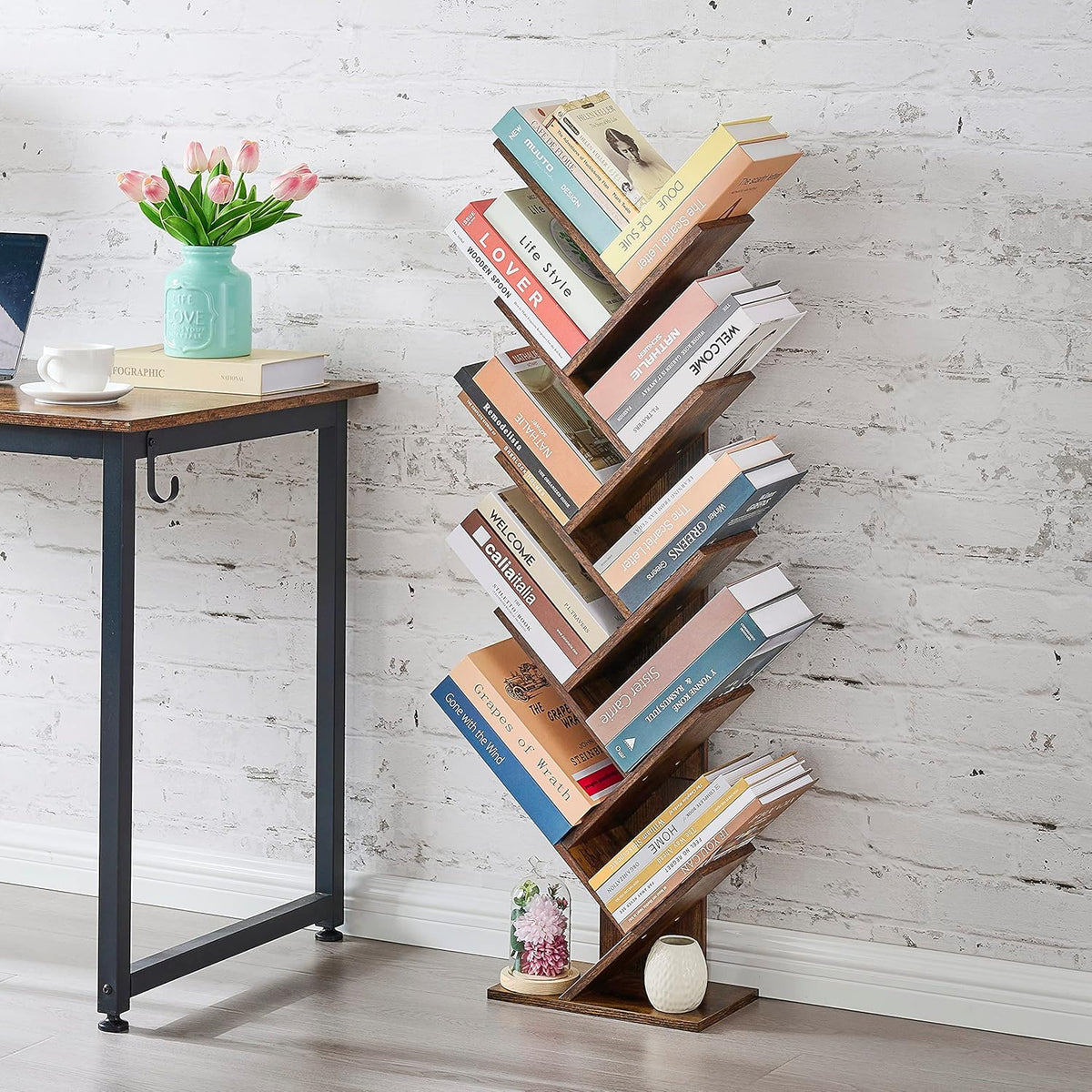 Hoctieon 10 Tier Tree Bookshelf, 10 Shelf Bookcase, Free Standing Tree Bookcase, Display Floor Standing Shelf for Books, Book Organizer Shelves for Home Office, Living Room, Bedroom, Rustic Brown