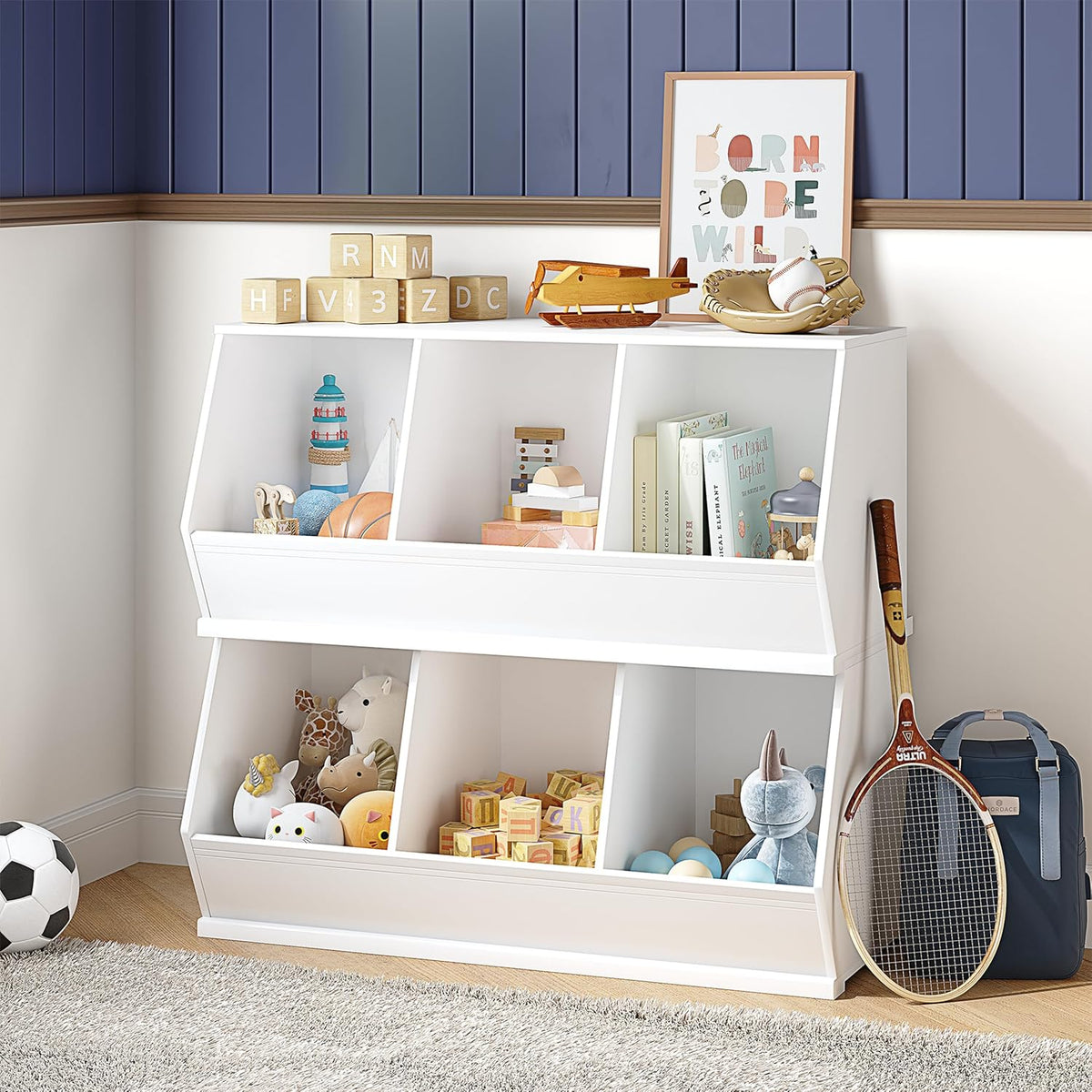 UTEX Stackable Toy Storage Cabinet, Wooden Cubby Organizer, White Shelf for Playroom, Bedroom, Living Room, Nursery, 3 Cubes