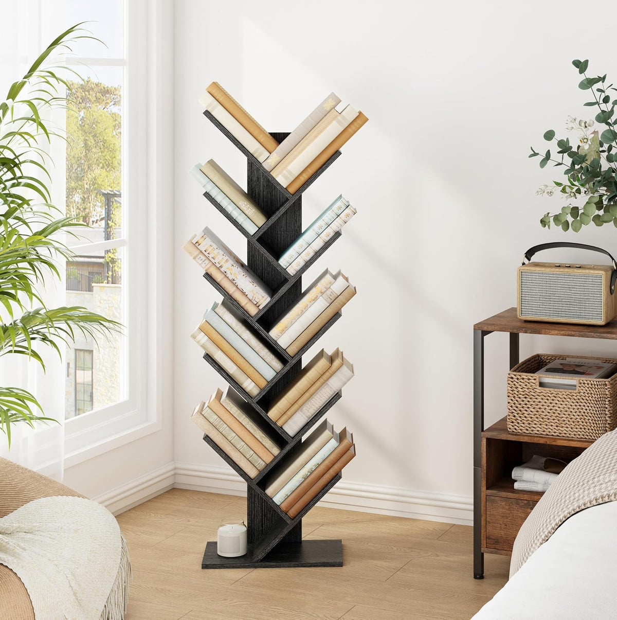 Hoctieon 10 Tier Tree Bookshelf, 10 Shelf Bookcase, Free Standing Tree Bookcase, Display Floor Standing Shelf for Books, Book Organizer Shelves for Home Office, Living Room, Bedroom, Black