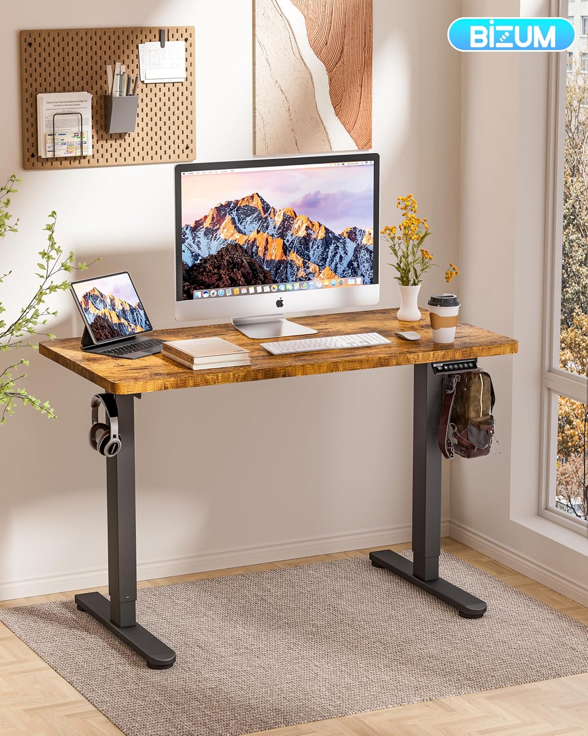 Standing Desk Electric Adjustable Computer Desk-Stand up Desk Office Gaming Home Office Memory Desks 48x24 inches Black Frame/Rustic Brown Top