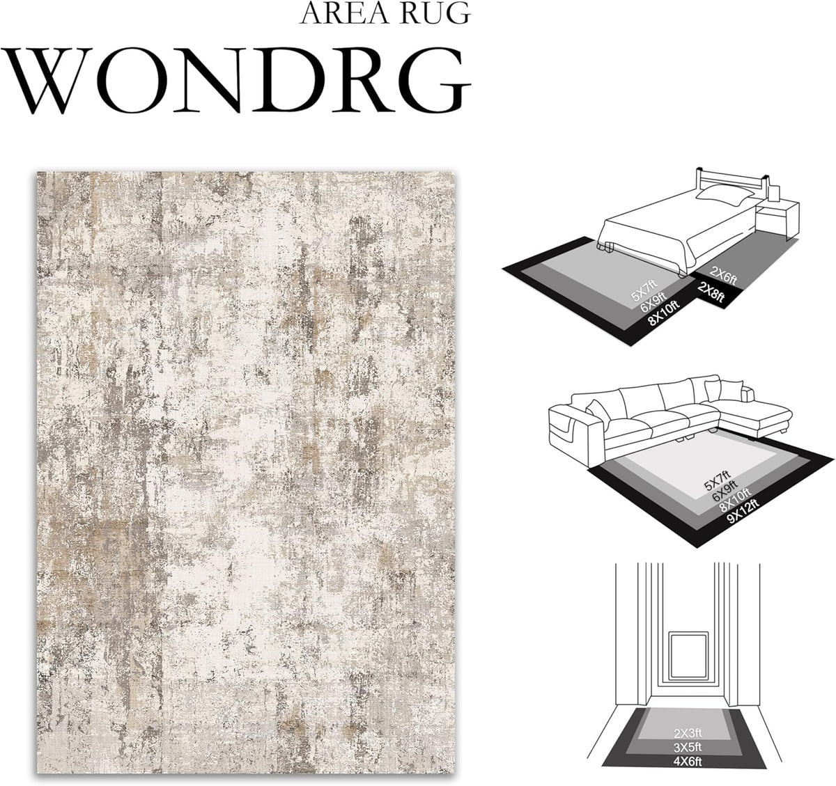 5x7 Washable Area Rug Brown Grey Neutral Abstract Living Room Bedroom Throw Rug Non Slip Soft Low Pile Indoor Floor Carpet for Dining Room Kitchen Office Entryway Home