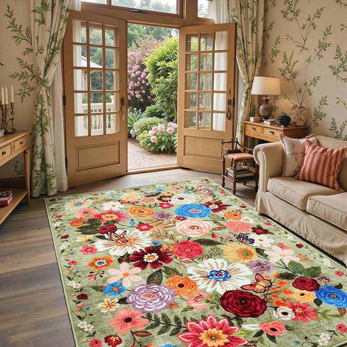Floral Machine Washable Rug Green, 3x5 Rug Non Slip Soft Bedroom Rugs