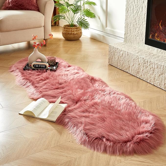 AMTOVO Faux Sheepskin Rug, Blush Pink Ultra Soft Fluffy Shag Area Rug, 2 x 6 ft