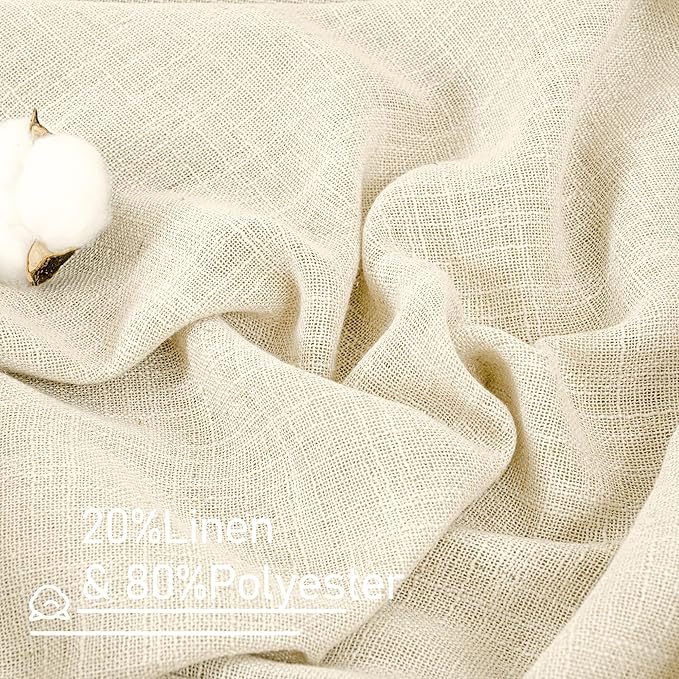LAMIT Beige Linen Kitchen Curtains 30 Inch Length, Semi Sheer Light Filtering
