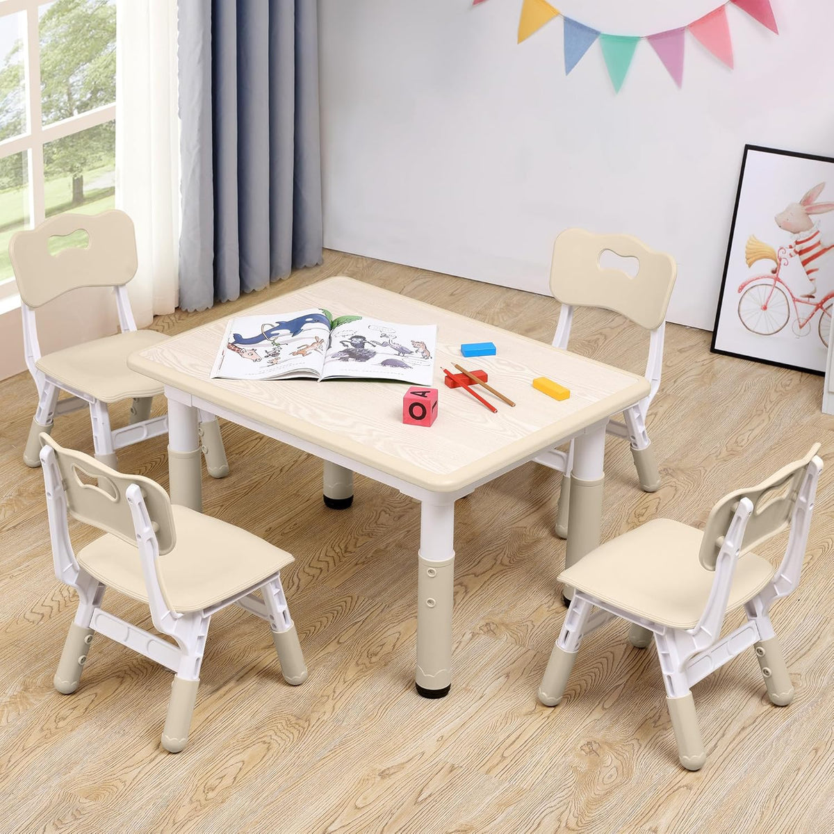 Adjustable Kids Table & Chairs Set for Ages 3-8 | 31.5"x23.6" Easy-Clean Activity Table | Meets ASTM/CPSC Standards for Daycare, Homeschool & Playroom (Natural-Wood, 4 Chairs)