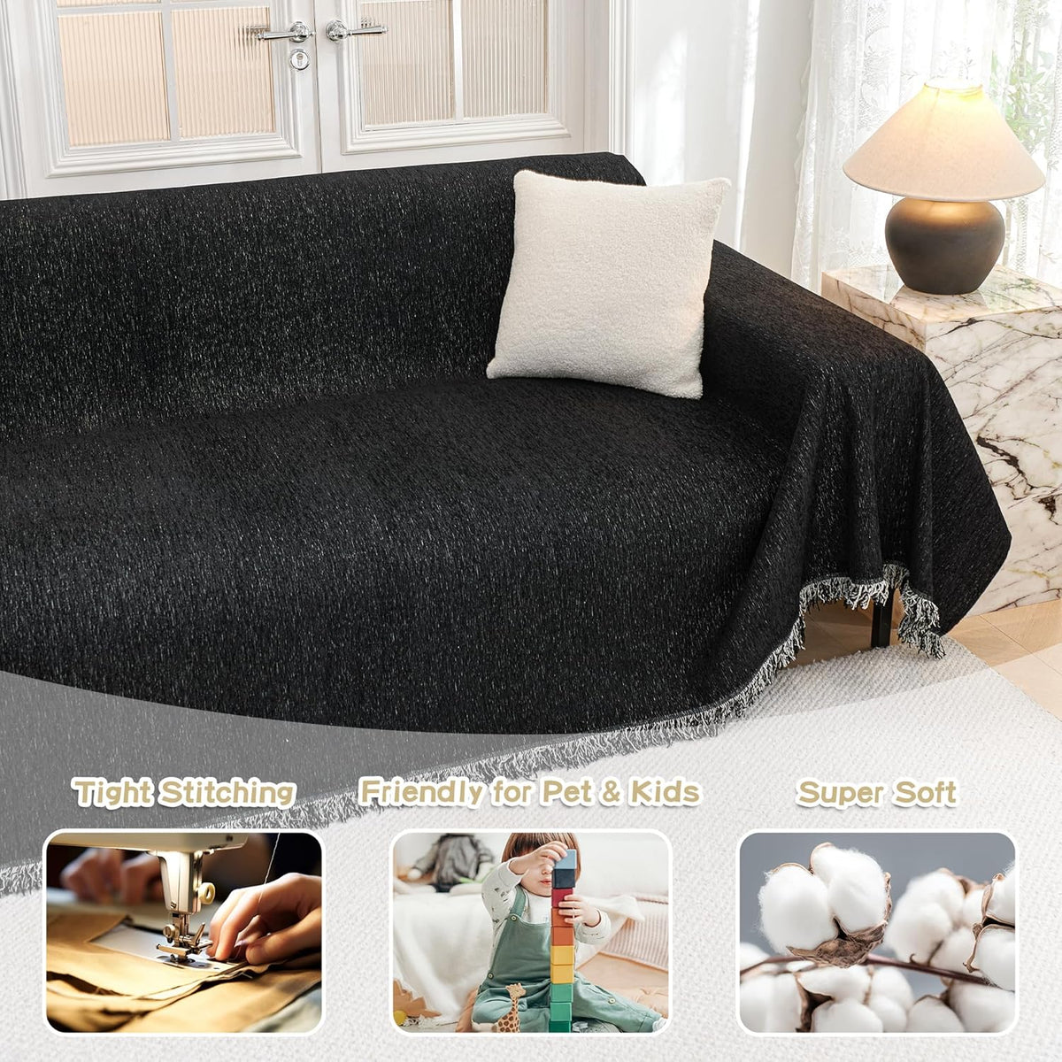 MYSKY HOME Black Couch Cover for 2 Cushion Sofa, Sectional L Shape Throw, Super Soft Washable Pet Cover, 71"x118"