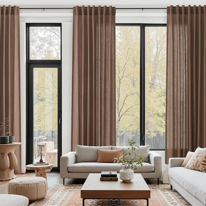 Caramel Brown Linen Curtains for Living Room Extra Long 132 Inches Long Back
