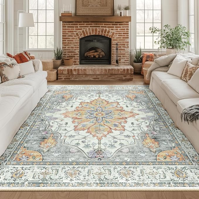 RELEANY Area Rugs Square 8ft Washable Non-Slip, Floral Vintage Distress Print