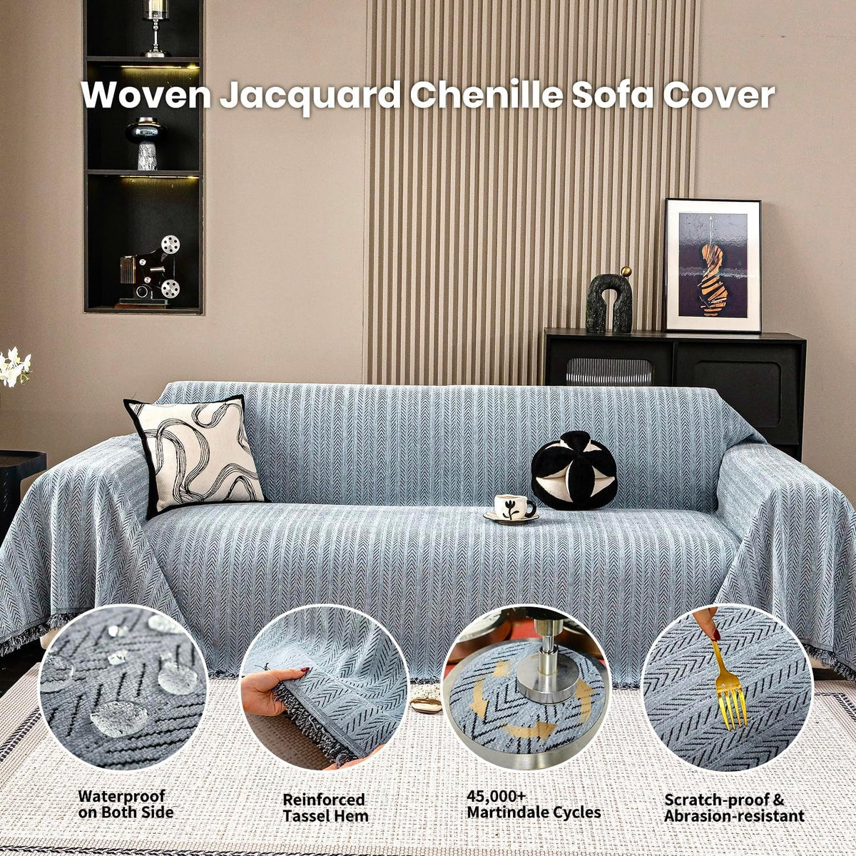 Nobildonna Sofa Cover Washable Soft Thicken Chenille Couch Cover with Tassel,Waterproof Sofa Slipcovers for 2 Cushion Couch,Loveseat,Futon Couch Furniture Protector Pet-Friendly,Dusty Blue 71"x102"