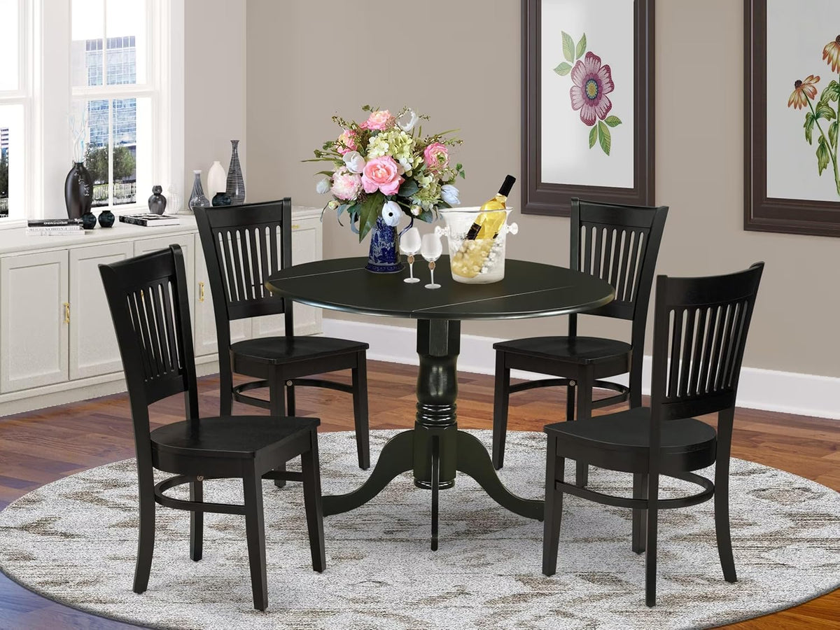 East West Furniture DLVA5-BLK-W 5 Piece Dining Set Includes a Round Dining Room Table with Dropleaf and 4 Kitchen Chairs, 42x42 Inch, Black