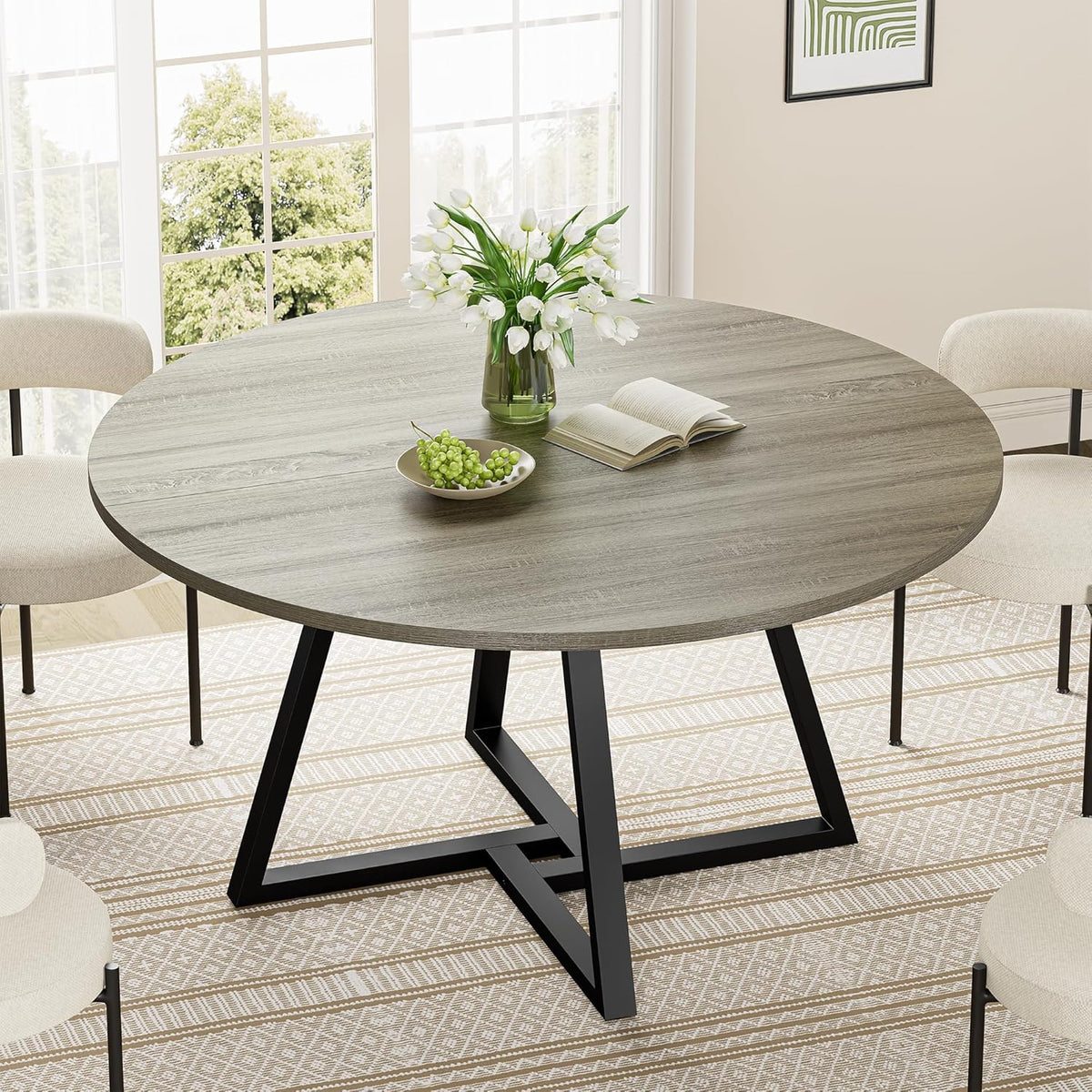 IRONCK 51" Round Dining Table for 6, Wood Kitchen Table with Metal Base, Space Saving Industrial Circle Dinner Table for Kitchen Dining Room, Gray