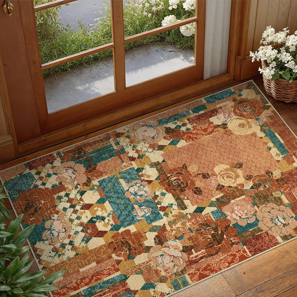 GENIMO Area Rug 2x3 Doormat, Machine Washable Low Pile Rugs, Small Floral Patchwork Retro Chenille Entryway Mat for Entrance, Hallway, Kitchen and Corridor, Rose Red