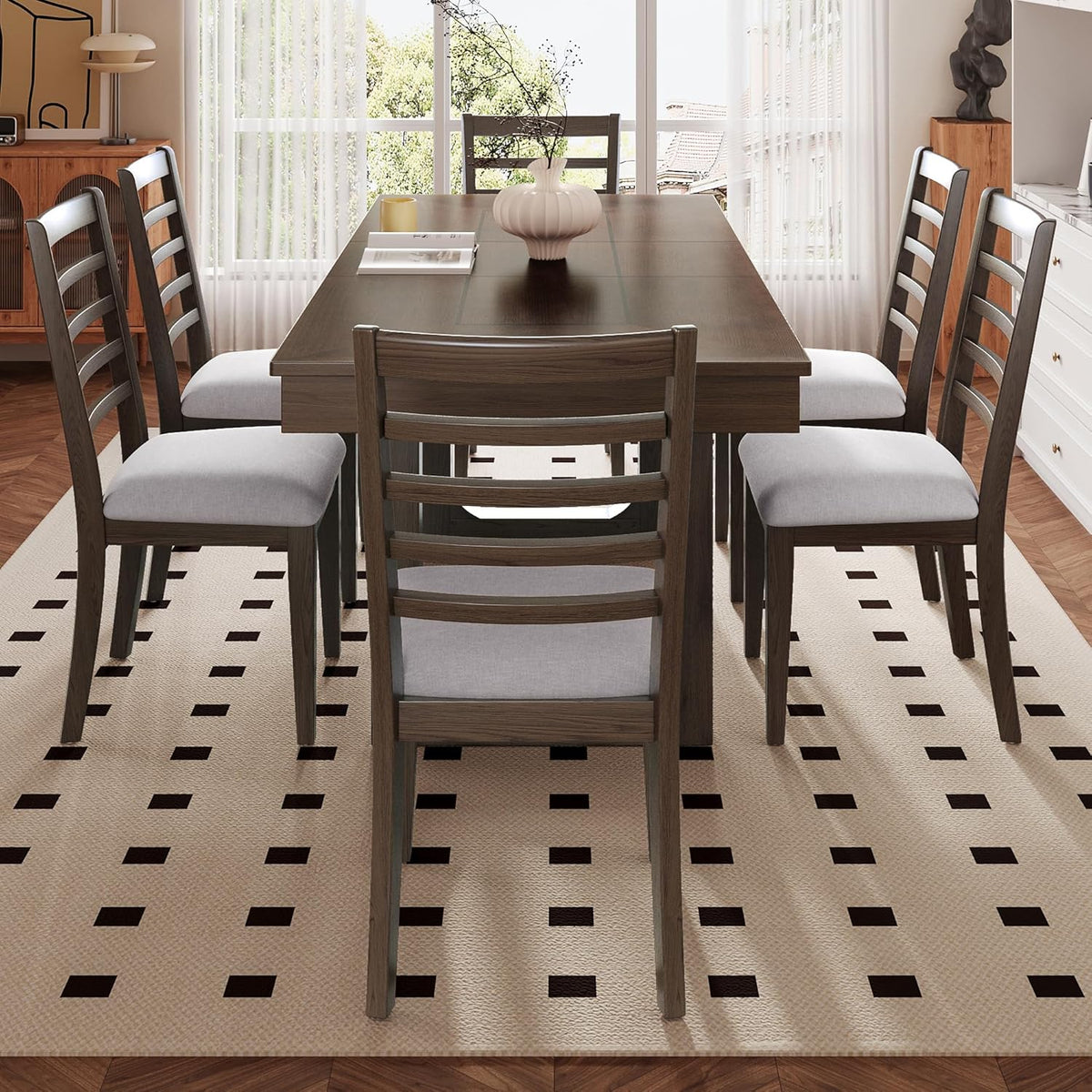 Merax 7 Piece Extendable Wooden Dining Table Set, Farmhouse Extendable with 18" Move Leaf, 78" Rustic and 6 Upholstered Chairs for Kitchen Room, Brown