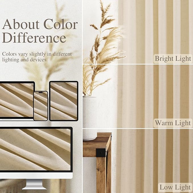 Tan Linen Curtains 90 Inch for Living Room Rod Pocket Back Tab Window Drapes