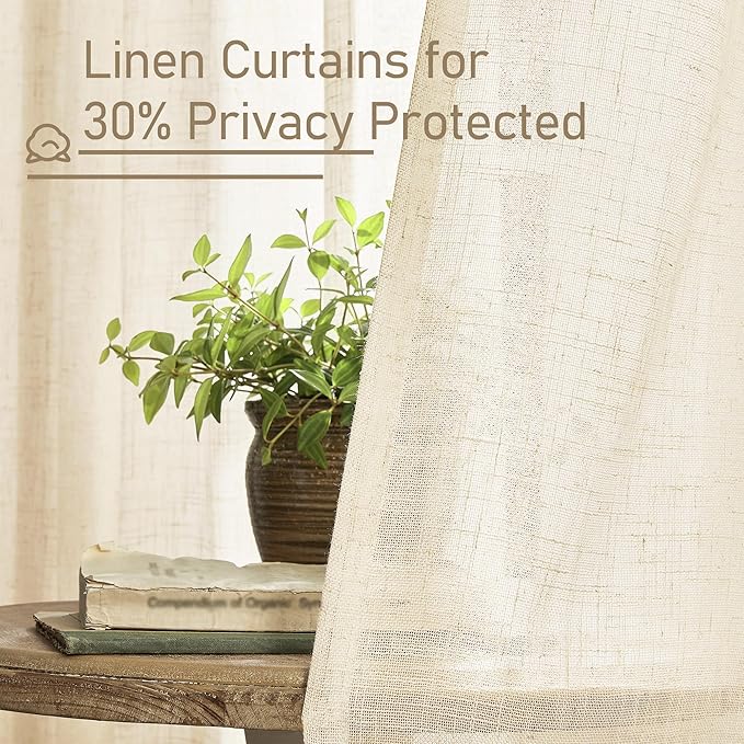 LAMIT Beige Linen Kitchen Curtains 30 Inch Length, Semi Sheer Light Filtering