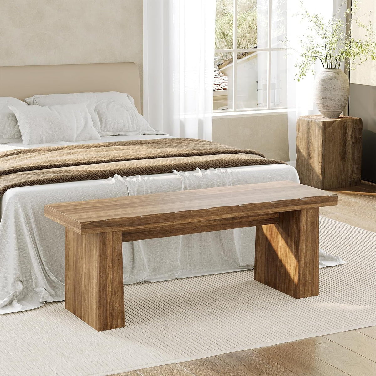 LITTLE TREE 47-Inch Wooden Entryway Bench, Farmhouse Dining Bench with Sturdy Frame for Dining Room, Bedroom, Living Room Hallway Kitchen, Easy Assembly (Walnut)