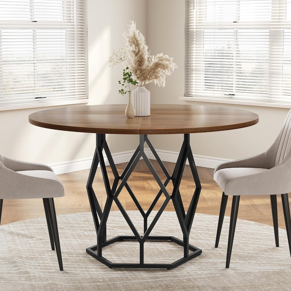 GarveeHome Round Dining Table for 4-6 People, 47 Inch Farmhouse Kitchen Table, Sturdy Metal Base, Industrial Wood Dinning Room Table for Kitchen, Brown