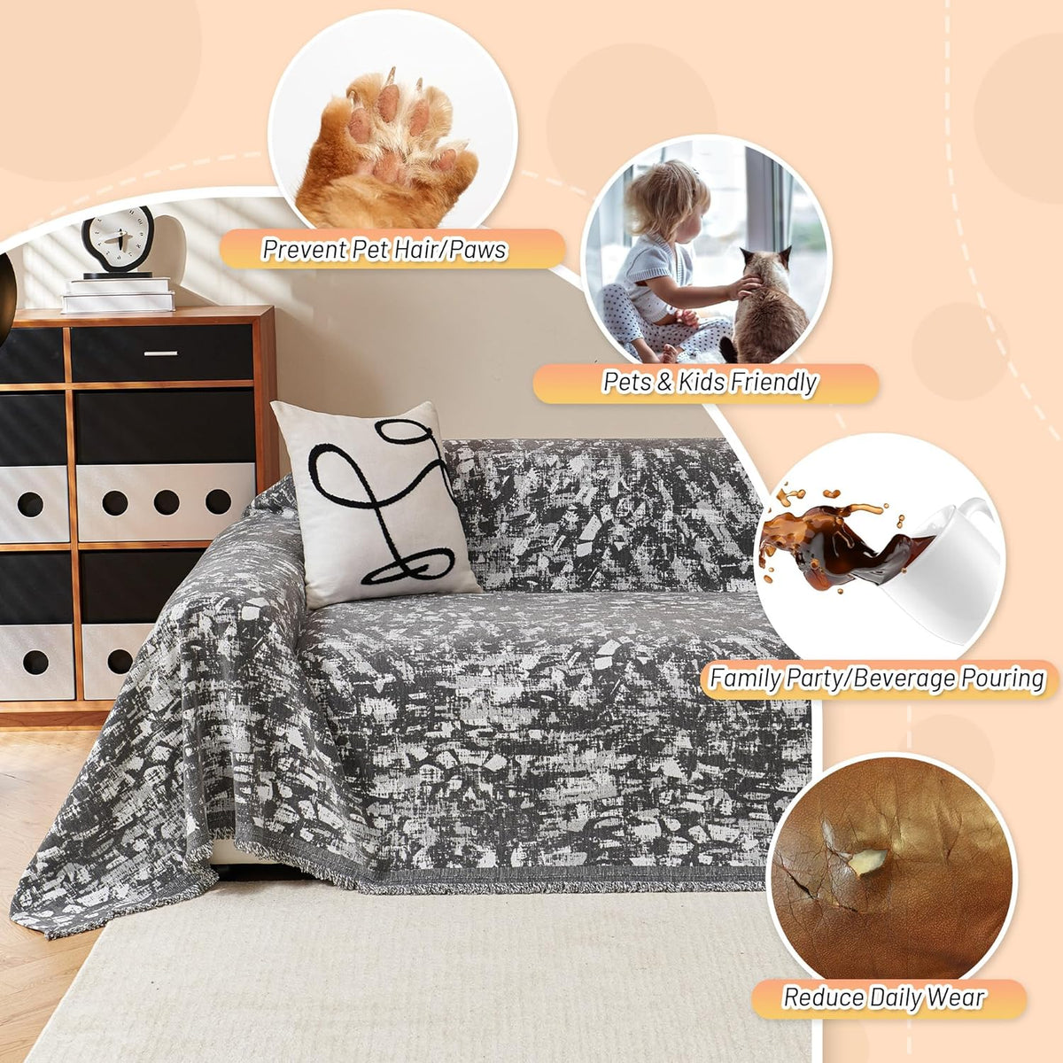 MYSKY HOME Couch Covers for 3 Cushion Couch Sofa, Chenille L Shape Sectional Couch Cover - Pet-Friendly, Machine Washable, Non-Slip Sofa Protector for Dogs, Kids, 71"x118", Grey Blur Mottling