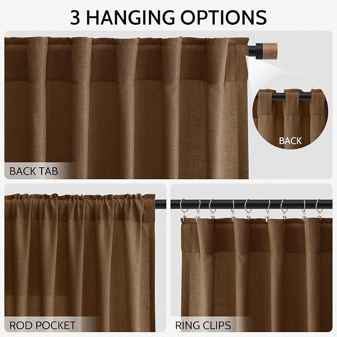 Tobacco Brown Linen Curtains 102 Inches Rod Pocket Back Tab Drapes 2 Panels Set