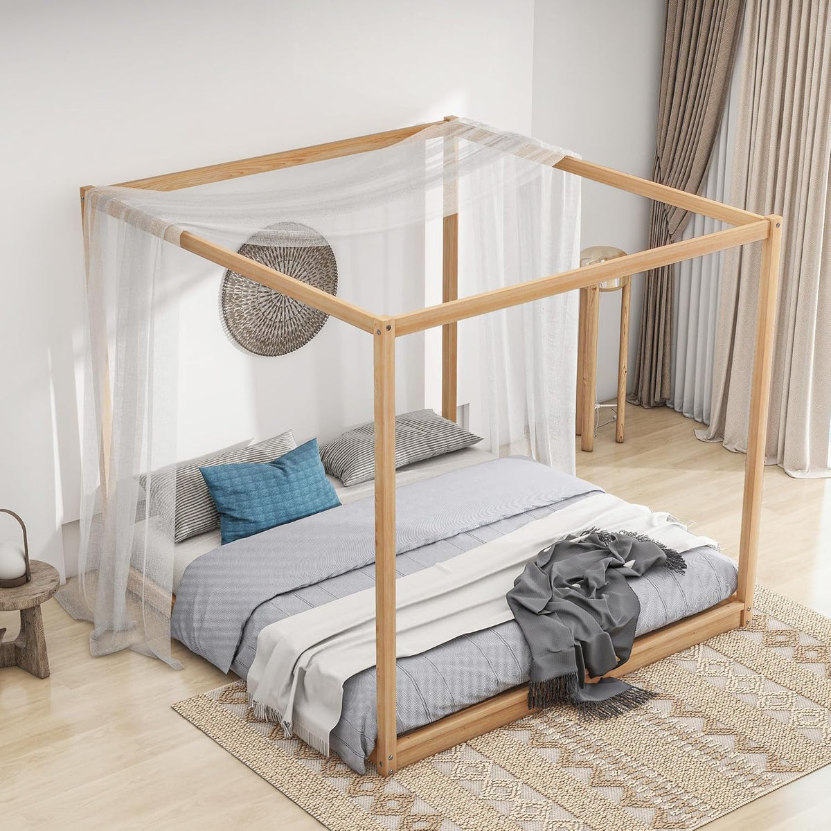King Size Canopy Platform Bed with Support Legs,Solid Wood Bed Frame,4-Post Canopy-Platform-Bed for Kids Teens Adults, No Box Spring Needed,Natural