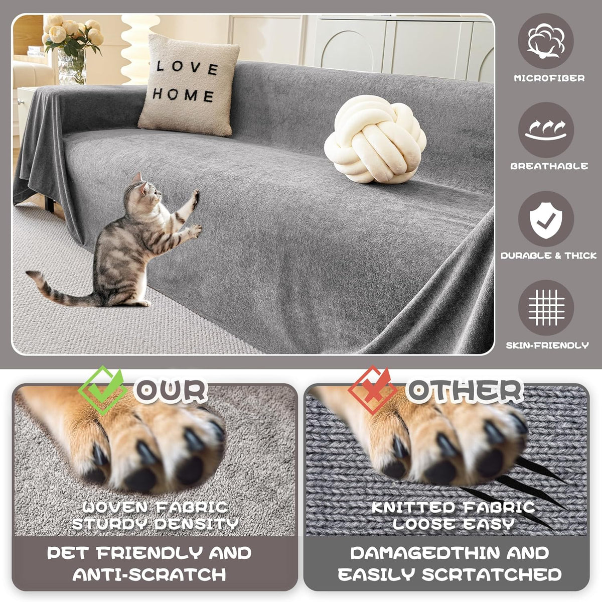 MYSKY HOME Couch Cover Sofa Cover for 2 Cushion Couch, Non-Slip Soft Sofa Slipcover Protector, Sofa Covers Washable, Couch Covers for Sectional Sofa, Sofa Towel for Pet Cat Dog, 71" x 118", Grey