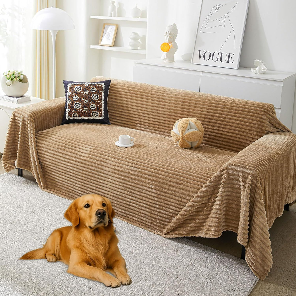 HAOMAIJIA Faux Fur Sofa Covers Couch Covers for 3 Cushion Couch Sofa Pet Friendly Soft Non Slip Couch Cover for Dogs Washable Sectional Couch Covers L Shape Furniture Protector (Khaki, 71"x150")