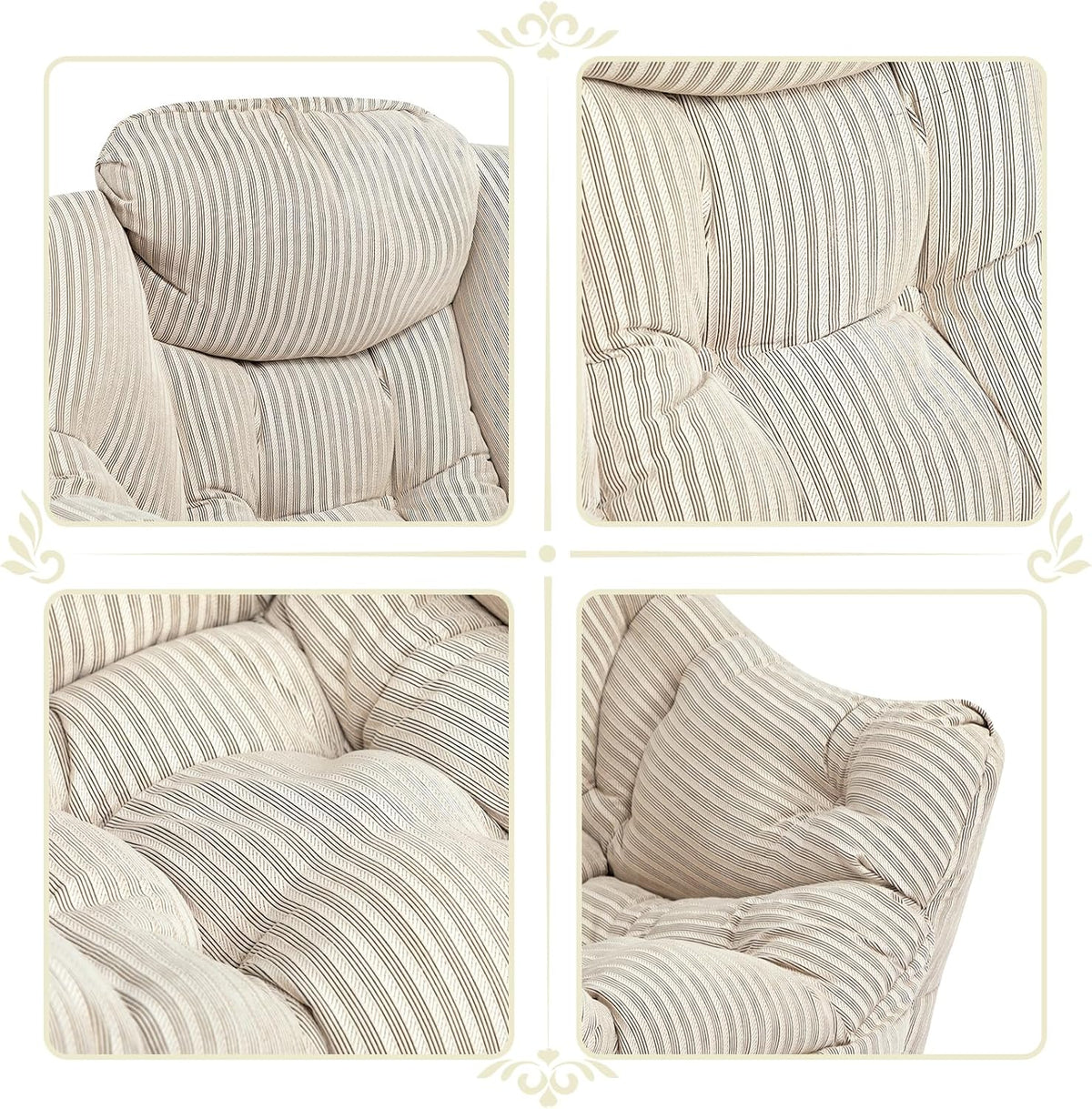 HollyHOME Fabric Lazy Chair with Foldable Ottoman, Accent Comfy Lounge Arm Chair and Folding Footrest Stool Set, Leisure Sofa Reading Chair and Footstool for Living Room, Bedroom, Dorm, Beige Stripe