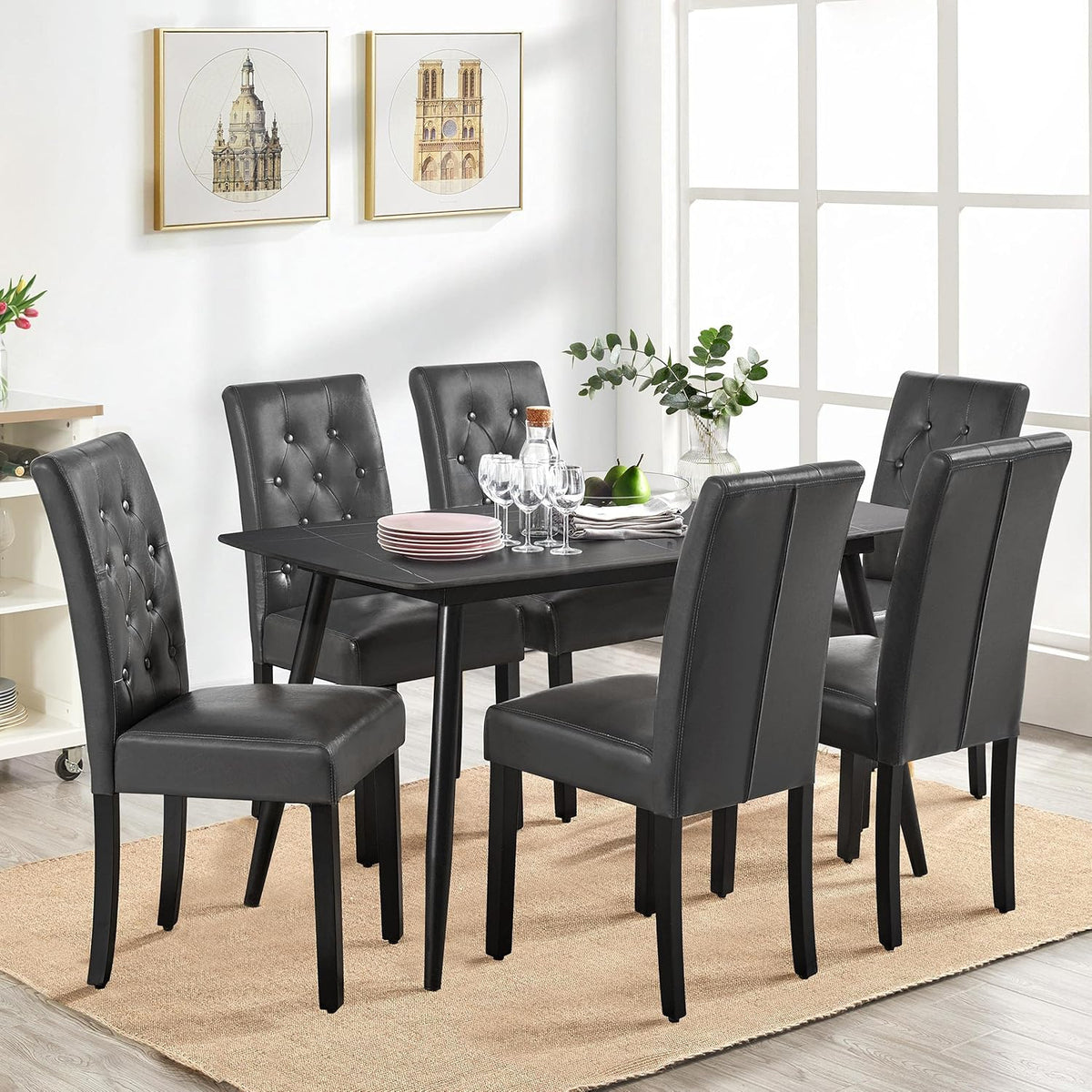 Yaheetech Dining Chairs Set of 6 Modern Style Faux Leather Dining Room Chairs with Solid Wood Legs and Button Tufted Padded for Home Kitchen, Gray