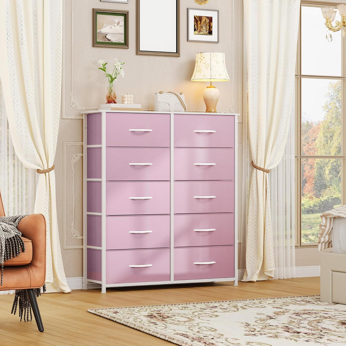DWVO 10 Drawer Dresser - Fabric Storage Tower, Tall Chest Organizer Unit, Living Room, Hallway, Closets - Sturdy Steel Frame, Wooden Top & Easy Pull Fabric Bins, Pink