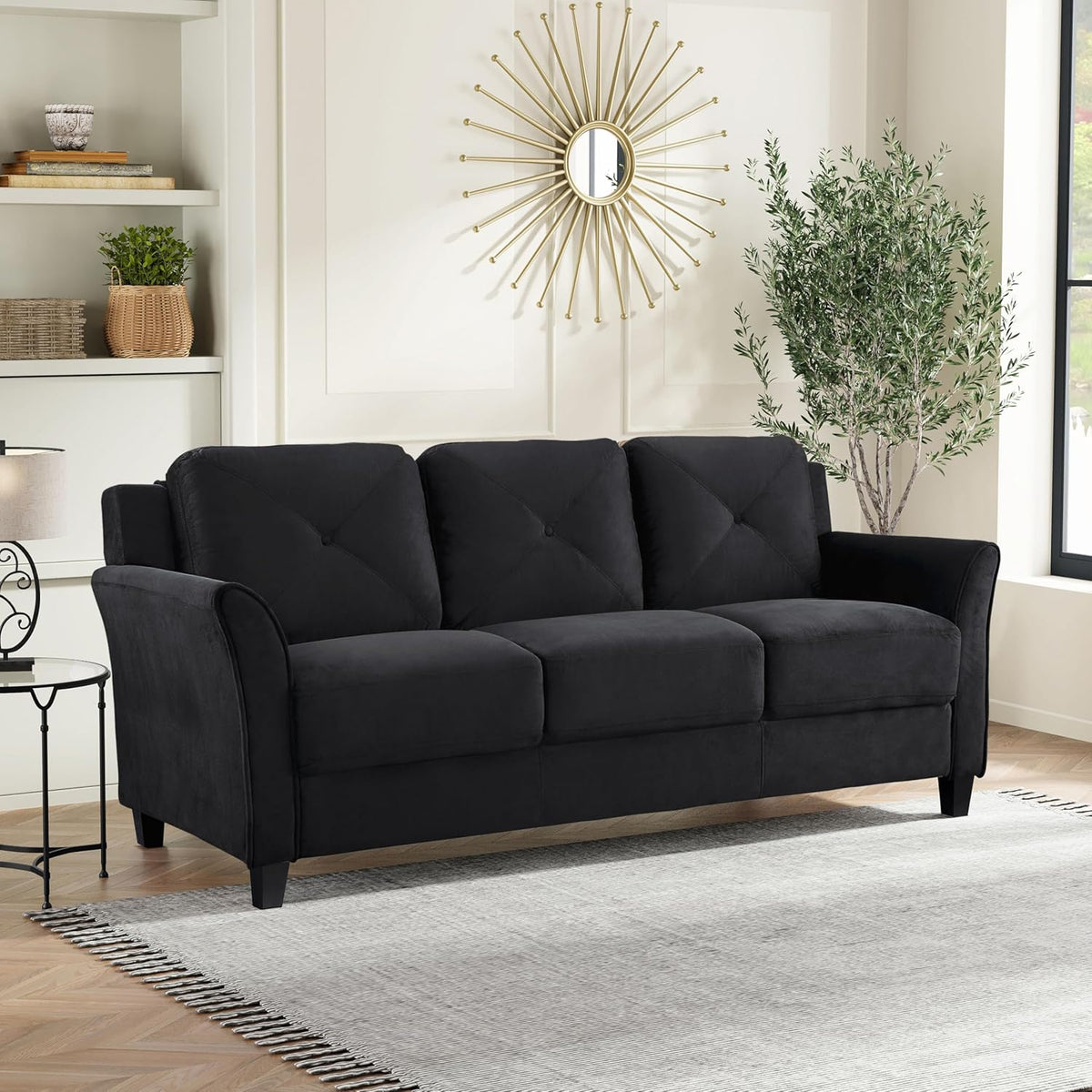 Lifestyle Solutions Harrington Sofa Upholstered Microfiber Fabric Curved Arms, Black