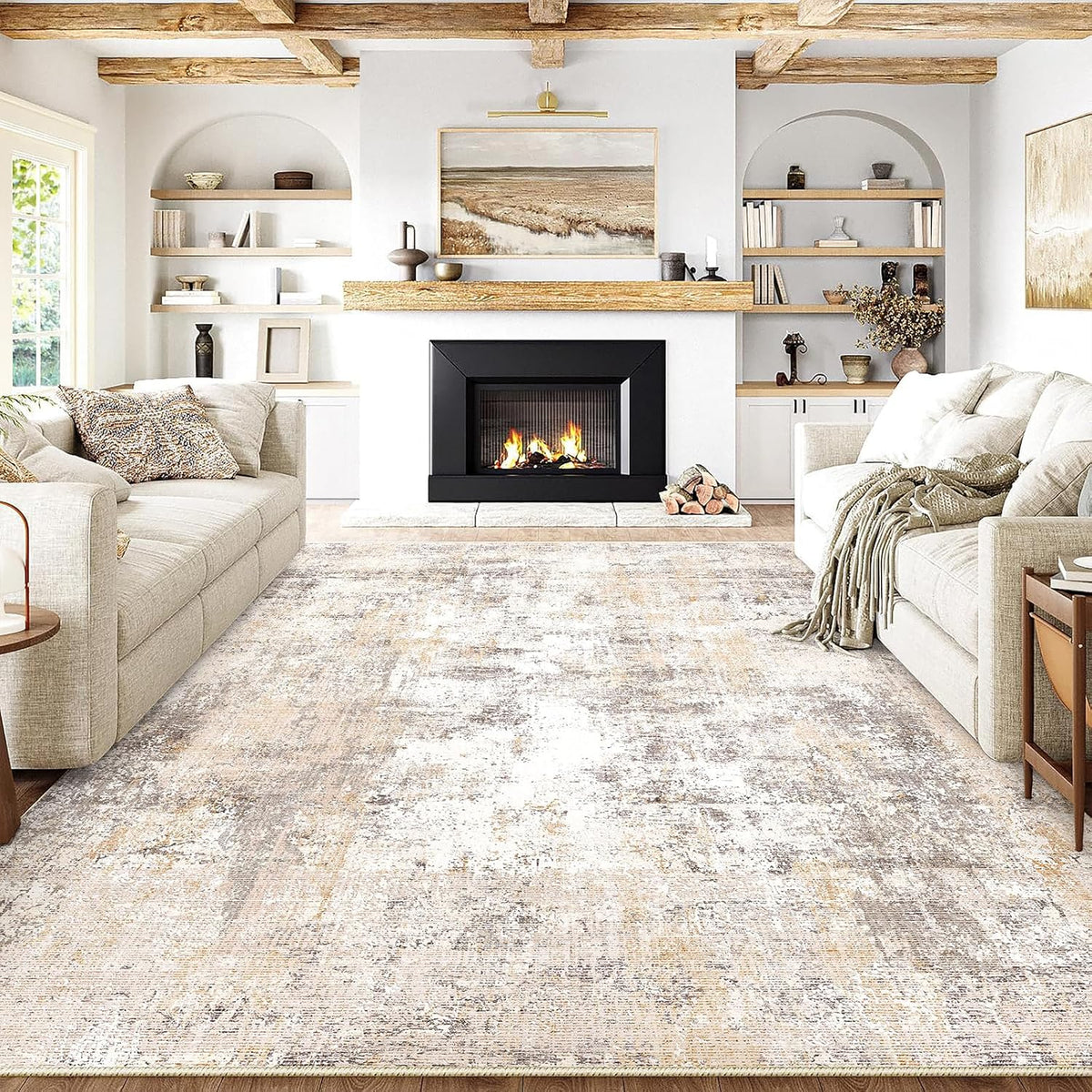 9x12 Washable Area Rug Beige Grey Neutral Abstract Living Room Bedroom Large Throw Rug Non Slip Soft Low Pile Indoor Floor Carpet for Dining Room Kitchen Office Entryway