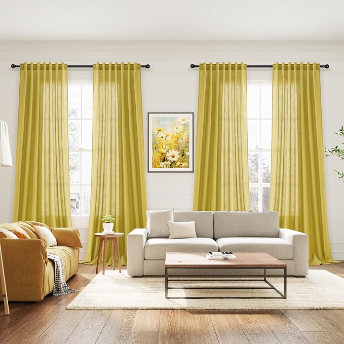 Nanspring Celery Yellow Linen Curtains 84 Inch Length 2 Panels Set