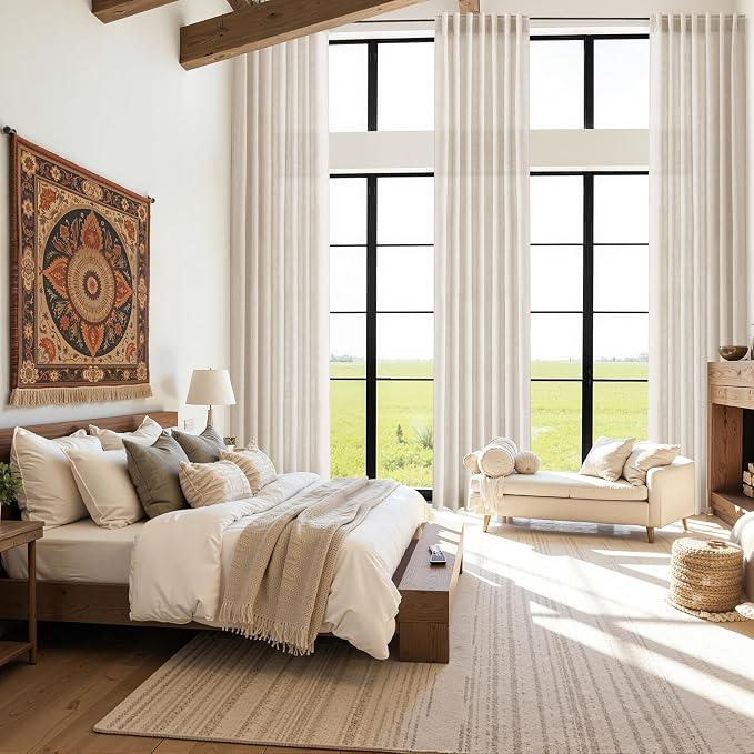 Cream Beige Linen Curtains for Living Room 126 Inches Long Light Filtering Semi