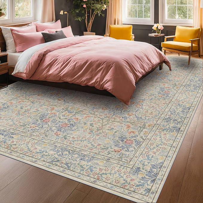 Vintage Washable Beige Blue 10x12 Rug