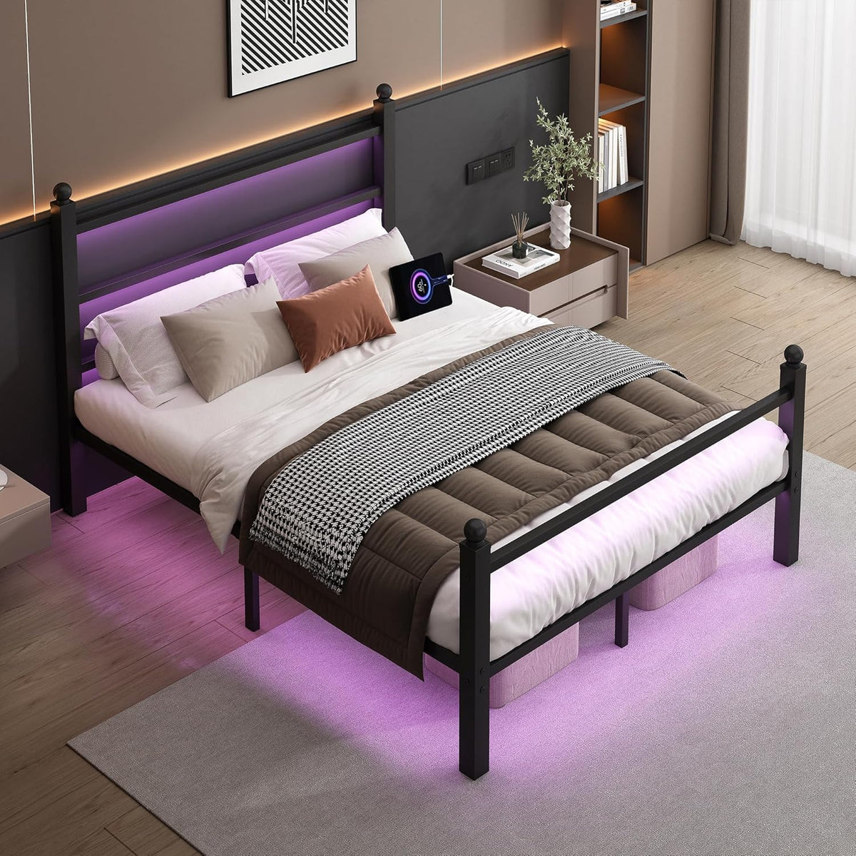 Full Size Bed Frame with Headboard and Footboard,Steel Slats Support-LED Bed Frame with USB Charging Station,Mattress Foundation-Under Bed Storage, No Box Spring Needed,Noise Free,Black