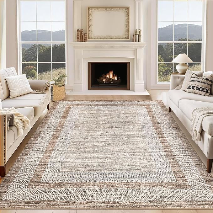 GarveeHome 9x12 Large Modern Brown Area Rug Distressed Bordered Rug Soft Non