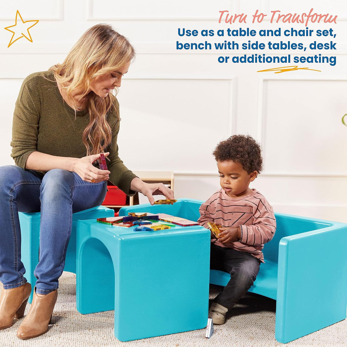 ECR4Kids Tri-Me Table and Cube Chair Set, Multipurpose Furniture, Cyan, 3-Piece