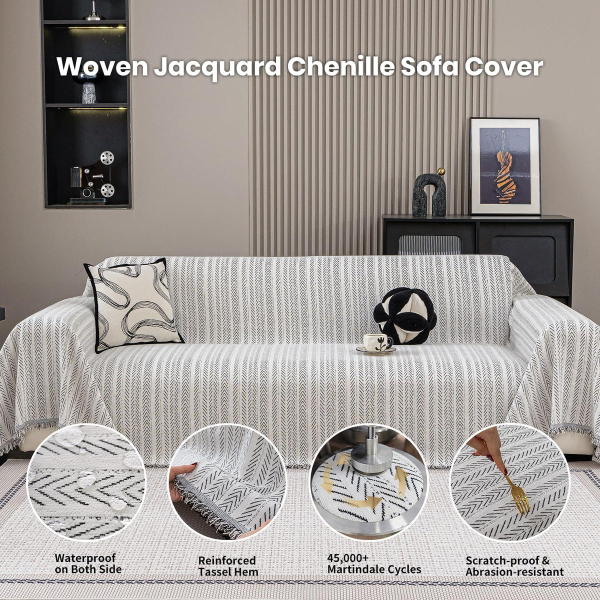 Nobildonna Sofa Chair Cover Waterproof Soft Thicken Chenille Cushion Couch Cover with Tassels,Washable Sofa Slipcovers for Armchair Recliner Sectional Furniture Protector, Beige 71"x71"