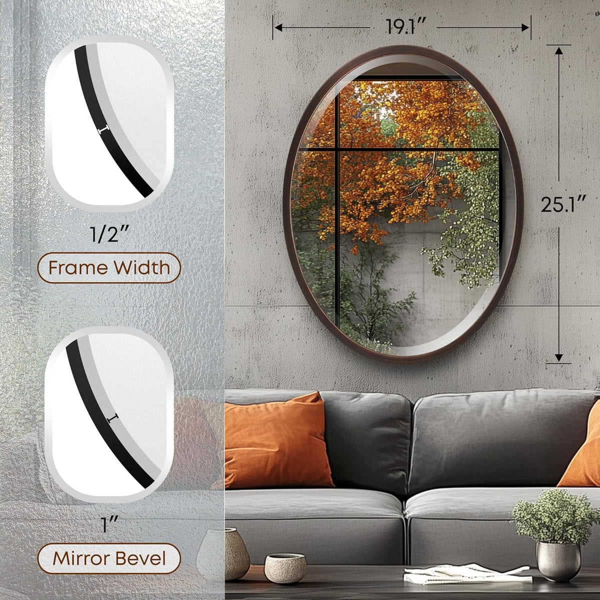 OVALCREST - Oval Wooden Beveled Wall Mirror for Home Decor, Bathroom, Vanity, Bedroom, Living Room, Hallway - London Style (Rubbed Bronze) 19.1 x 25.1