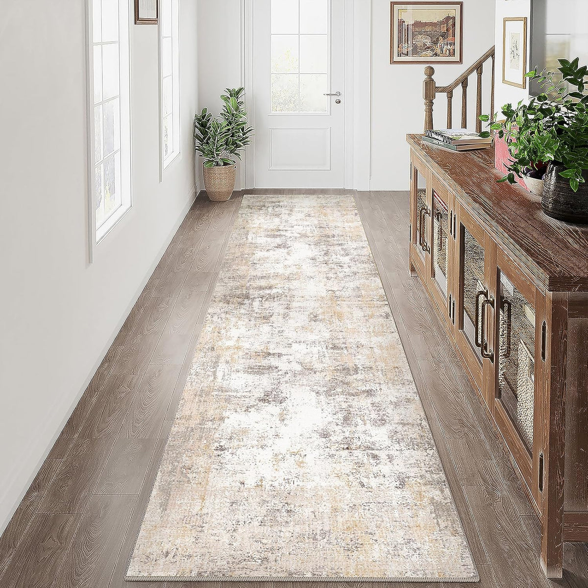 2x8 Washable Runner Rug Beige Grey Neutral Abstract Hallway Kitchen Living Room Bedroom Non Slip Throw Rug Soft Low Pile Indoor Carpet for Entrance Laundry Bathroom
