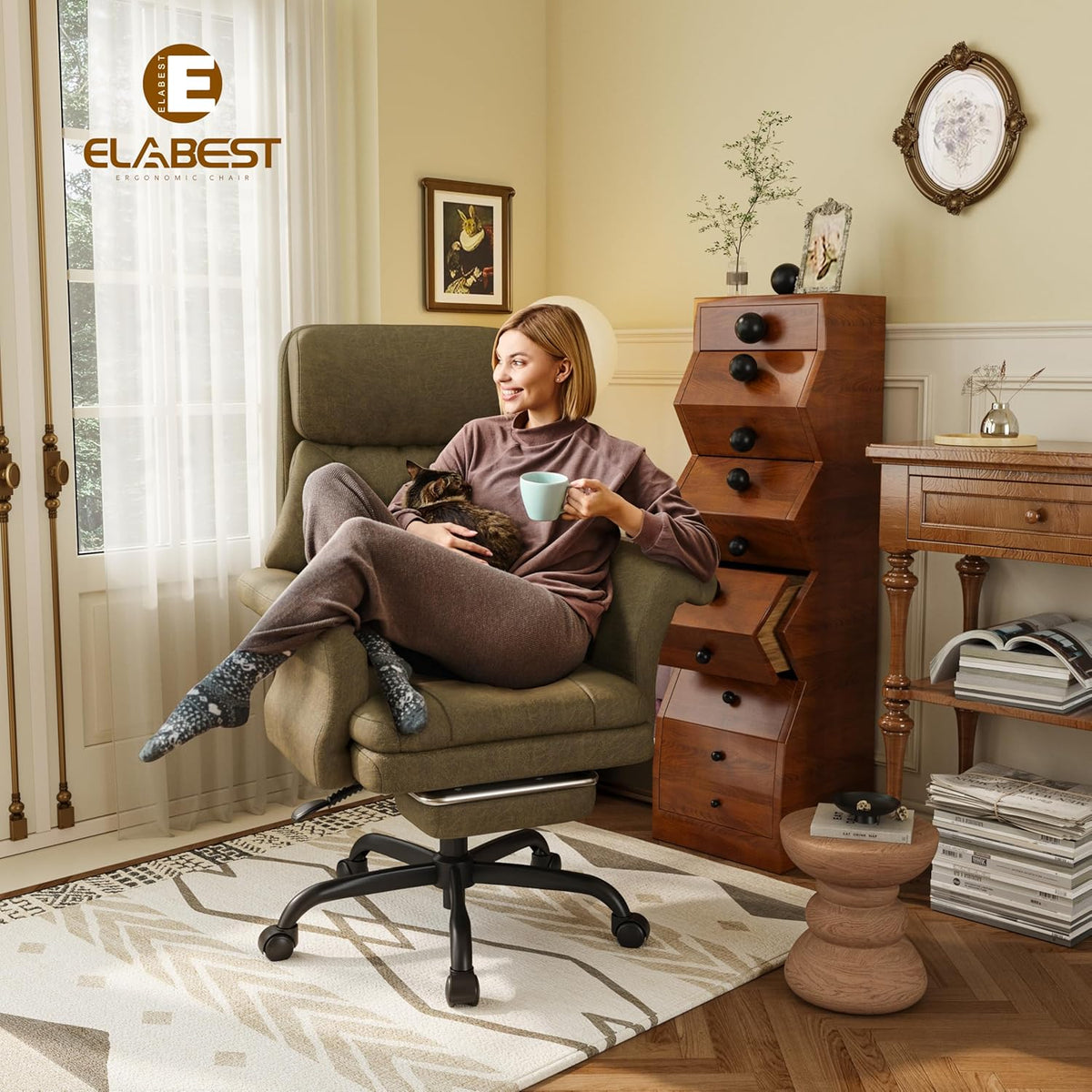 ELABEST C39 Cross Legged Office Chair with Footrest & Convertible Armrests - Pet-Friendly XL Home Desk Chair, Ergonomic Recliner with Lumbar Pillow, Criss Cross Design, Big and Tall Executive Chair