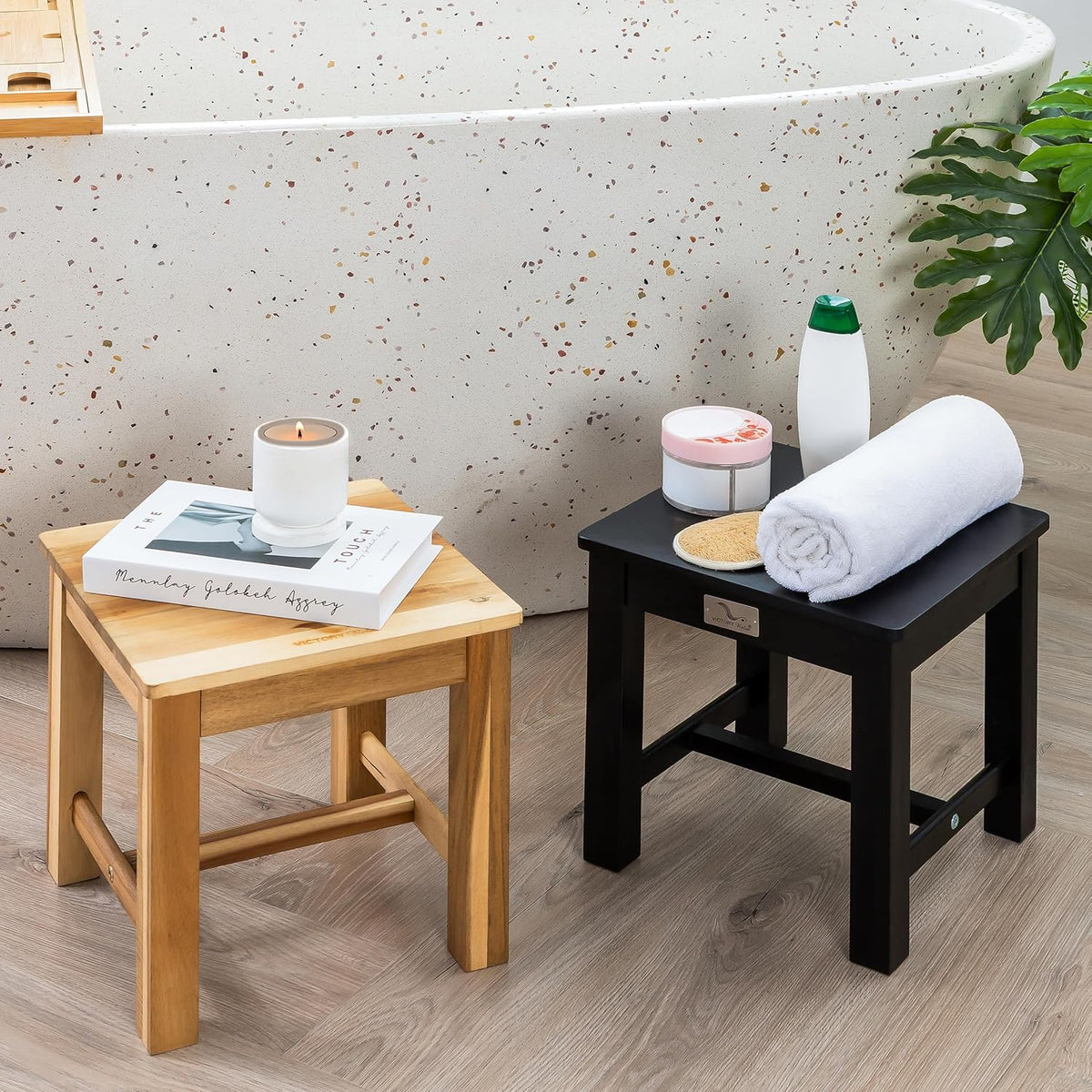 12 Inch Wooden Black Step Stool, Small Nature Beach Chair Under Desk, Indoor Acacia Wood Short Footstool for Living Room, Kitchen, Bathroom